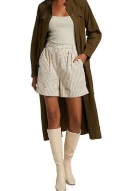 byTiMo High Rise Organic Cotton Gingham Pleated Cuffed Shorts Women XS M Tan
